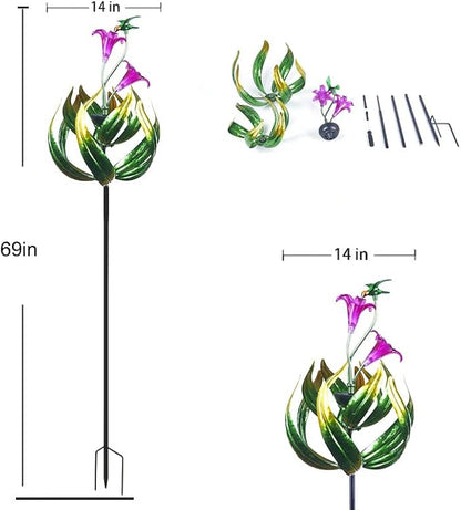 Solar Hummingbird Tulips 69 Inch Wind Catcher for Yard Kinetic Wind Spinner with Garden, Metal Windmill-Kinetic Garden Decoration, 360 Swivel Hummingbird Tulips Outdoor Wind Sculpture Spinners
