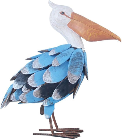 Metal Garden Sculpture, Pelican Outdoor Statue, Hand Painted Wood Chips Coastal Ocean Bird Decoration