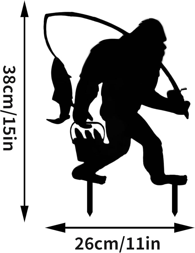 2025 Funny Bigfoot Garden Stake Metal Sign Art Yard Animal Decoration, Various Metal Sasquatch Black Big Foot Sculpture Outdoor Silhouette Statues for Garden Yard Patio Lawn (Fishing)