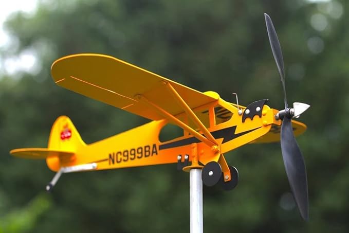 Thyggzjbs Piper J3 Cub Airplane Weathervane,3D Unique and Magical Metal Windmill Outdoor Wind Sculpture Kinetic Sculpture for Yard/Garden/Decor Decoration,Gifts for Flight Lovers