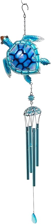 Comfy Hour 35" x 5" Sea Turtle Metal Art Wind Chime, Decorative Glass and Metal Hanging Windbell for Coastal Garden, Artisan Crafted Ocean Theme Decor for Beach House & Patio, Blue, 1 Piece
