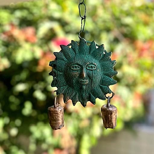 Metal Sun Wind Chime with Cow Bells – 12.6" x 4.6", Green Patina & Copper Finish, Celestial Garden Decor for Patio, Porch, or Balcony