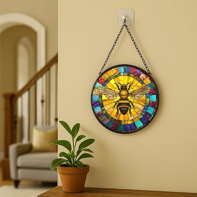 Stained Glass Window Hanging - Blue Whale and Ocean Waves Sun Catchers Indoor Stained Glass Panels Wall Decor for Mom, Wife, Lovers, Festive, 7.8in