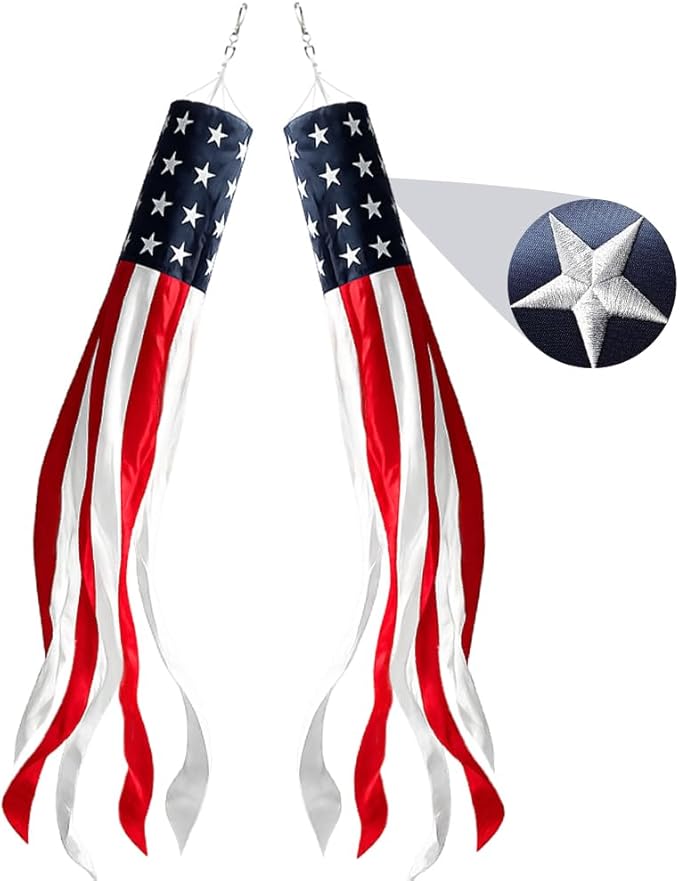 2Pack American Flags Windsock 60Inch Patriotic Decor 4th of July Windsocks with Embroidered Stars Wind Socks Hanging USA Flag Windsock Decoration for Outside Décor Memorial Day,Presidents Day