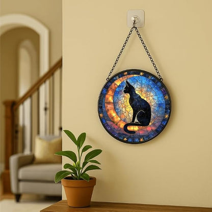 Stained Glass Window Hanging - Celestial Black Cat & Stars 11.8in Sun Catchers Indoor Stained Glass Panels Wall Decor for Mom, Wife, Lovers, Festive