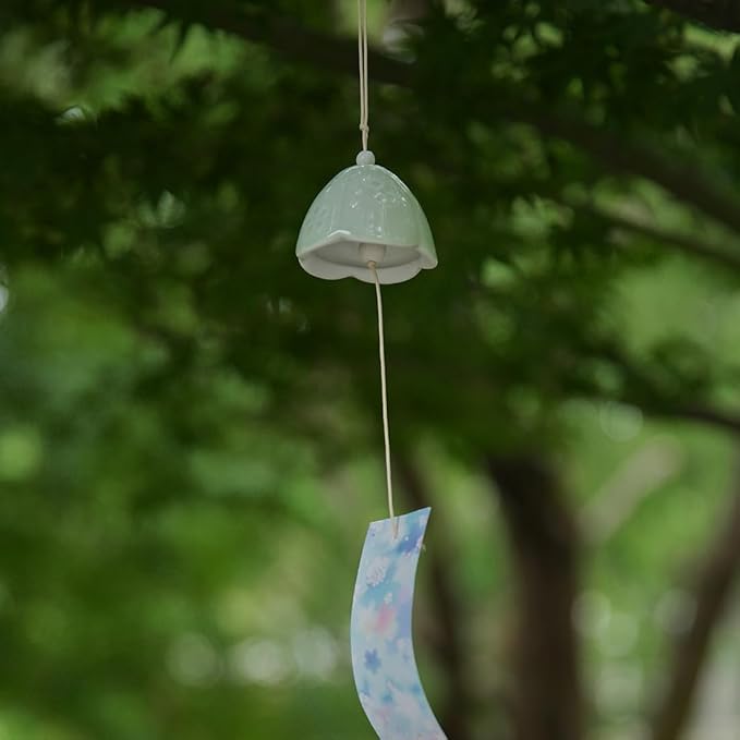 Set of 2 Ceramic Small Japanese Wind Chimes Outdoor, Cute Handmade Pendants Wind Bells/Wind Chimes for Outside with Soothing Melodic Tones for Garden Patio Balcony Home Décor Green&White