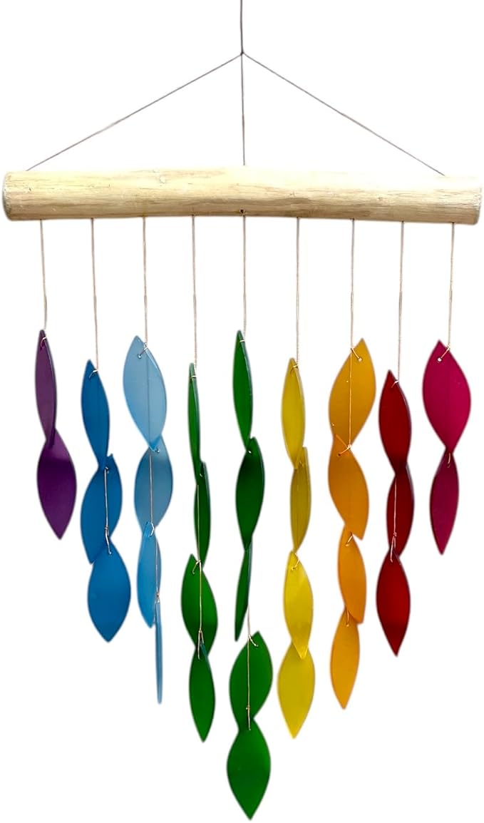 OMA Rainbow Waterfall Glass Wind Chime – Sandblasted Recycled Glass & Driftwood, Handcrafted Large 20″ Chime for Porch, Patio & Home