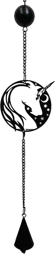 Ebros Gift Sacred Unicorn Horse with Moon and Stars Silhouette in Filigree Frame Black Coated Steel Metal Wall Hanging Wind Chime with Beads Home and Patio Decor Mobile Noisemaker