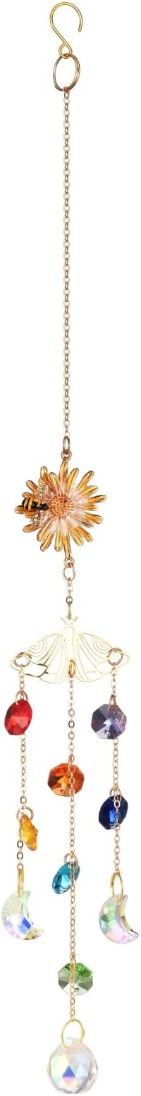 Crystal Suncatcher with Flower, Hanging Rainbow Maker with Colorful Prisms, Honeybee Suncatcher Gift, Window Ornament for Home, Garden, Patio Decor
