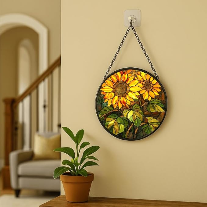 Stained Glass Window Hanging - 7.8in Colorful Bird in Floral Garden Sun Catchers Indoor Stained Glass Panels Wall Decor for Mom,Wife,Lovers,Festive
