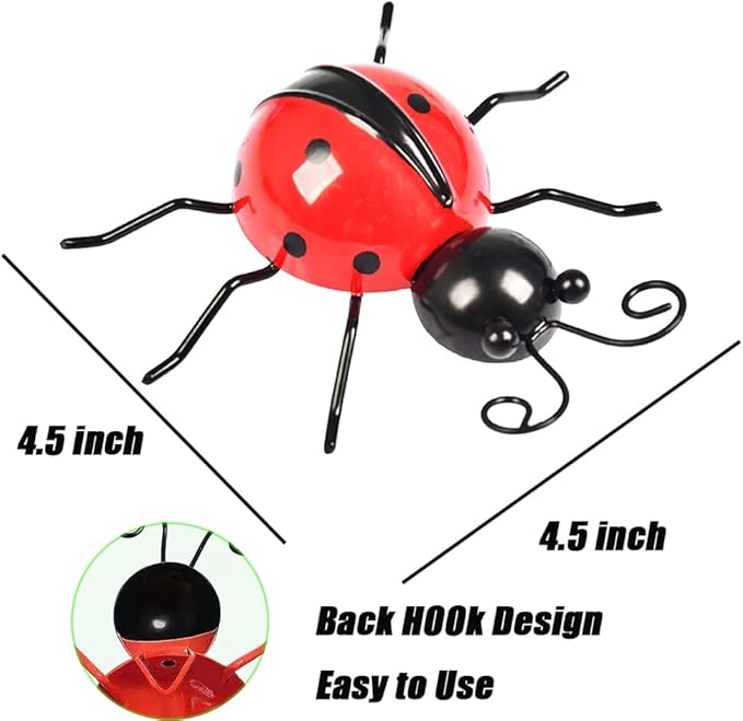 MACLARONX Metal Ladybugs Garden Fence Yard Art Decor 3D Bulk Cute Ladybirds Wall Sculpture Rustic Outdoor Patio Figurines Backyard Ornaments for Home Decorations (Set of 5)