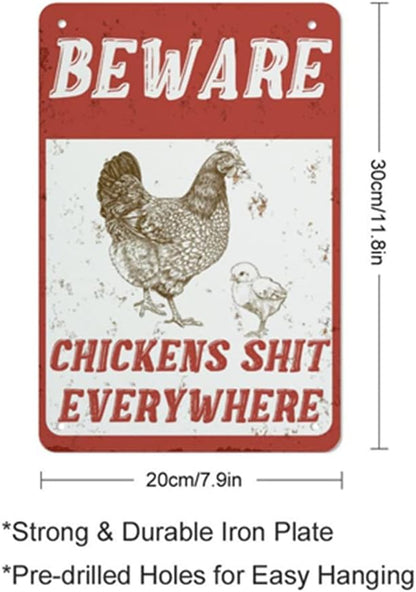 QHOVPA Farm Yard Sign Lawn Sign Metal Sign, Beware Chickens Shit Everywhere Sign for Home Farmhouse or Business Use 8x12 inches Signage