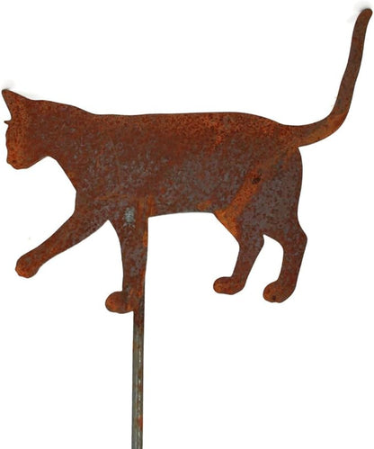Pets and Farm Animals Metal Garden Landscape Stake (11.5" Wide Cat on Stake, Naturally Rusted)