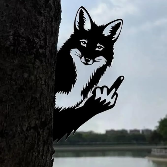 Flipping Off Bigfoot Peeking Animal Metal Sign Funny Middle Finger Yard Art Decor for Tree, Fence, or Corner Outdoor Farmhouse Garden Ornament for Home or Cabin Decoration (#D, 12IN)