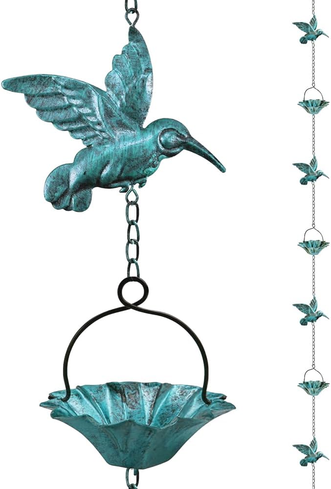 8.5Ft Copper Rain Chains for Gutters,Hummingbird Rain Chain for Gutters Outside,6 Lotus Rain Chain Cupsfor Gutters,Metal Rain Catcher Chain for gutters