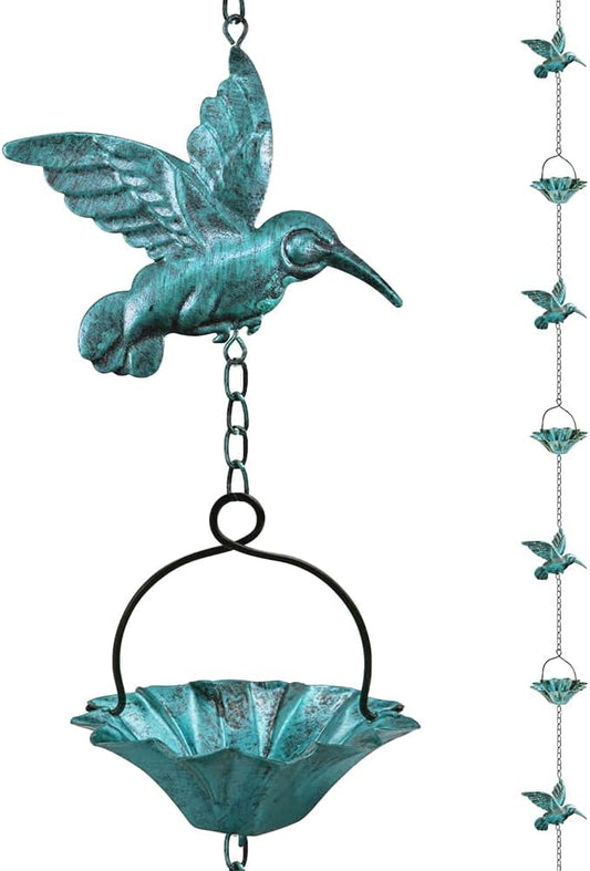 8.5Ft Copper Rain Chains for Gutters,Hummingbird Rain Chain for Gutters Outside,6 Lotus Rain Chain Cupsfor Gutters,Metal Rain Catcher Chain for gutters