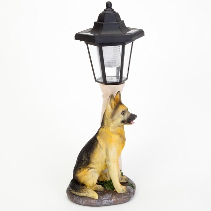 Bits and Pieces - Solar Dog Lantern-Solar Powered Garden Lantern - Resin Dog Sculpture with LED Light (Shepherd) - 13.5"