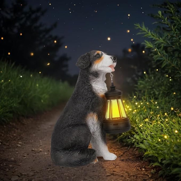 Solar Garden Dog Statue with Lanterns Outdoor Bernese Mountain Dog Garden Decor Figurine Lights for Patio Balcony Shelf Tabletop Lawn, Unique Housewarming Birthday Thanksgiving Gifts for Women Mom