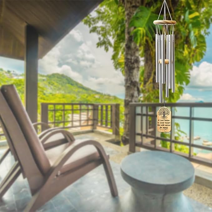 Personalized Sympathy Wind Chimes for Loss of Loved One, 17 Inches, Tree of Life - Add Photo and Text - Metal Tubes and Custom Wooden Striker Windcatcher
