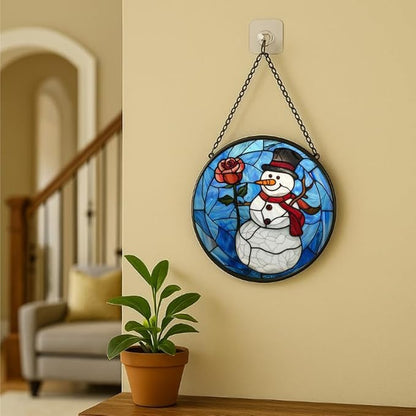Stained Glass Window Hanging Christmas Snowman with Rose 6.3in Sun Catchers Panel for Indoor Decorative Display for Mom Wife Lovers Festive