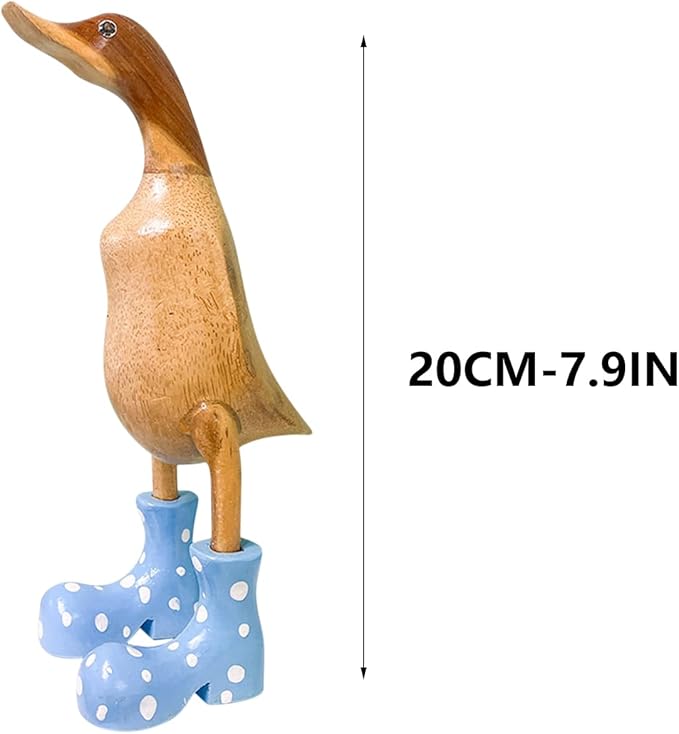Wooden Crafted Duck Figurine with Spotty Wellies Funny Standing Duck Statues Decorative Resin Rain Boot Animal Sculpture Collectible Crafts Waterproof Garden Lawn Ornament (Blue, 7.9Inch)