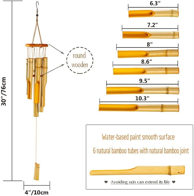 Bamboo Wind Chimes 30" Long, Outdoor Wooden Wind Chime with Low Deep Tone for Garden/Home/Patio/Eaves/Villa/Windowsill Decor, Yellow