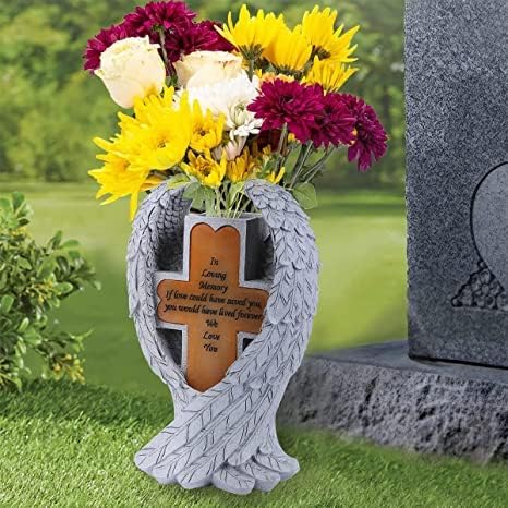 Grave Decorations for Cemetery， Heaven Angel Wing Cross, Graveyard Decorations, Vase with Solar LED Lamp, Resin Decorated Bereavement Statue, Gift in Memory of Relatives (White)