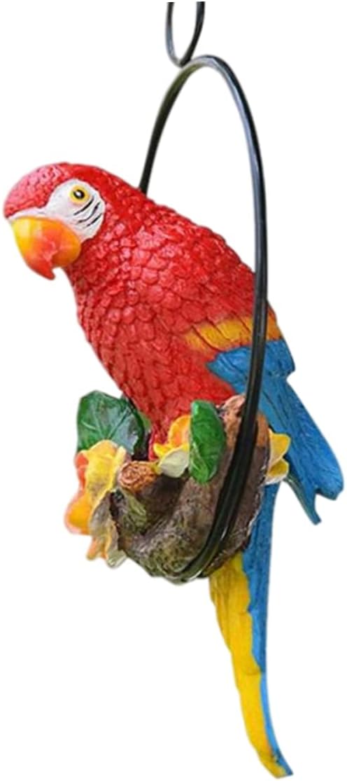 Hangigng Parrot Statue, Hanging Parrot Garden Decor Resin Outdoor Decor on Perch Garden Sculpture Statue for Outdoor Decorations Red
