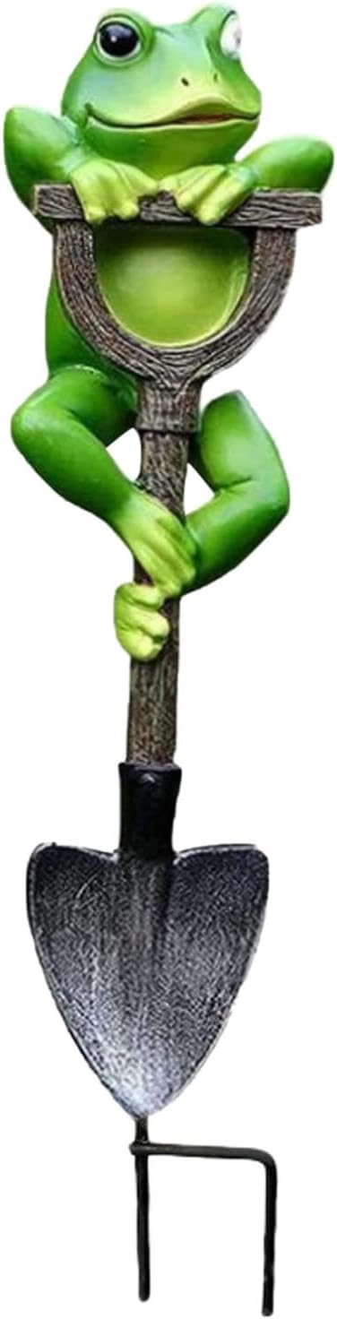 Outdoor Resin Garden Statue with Shovel, Handcrafted Frog Dwarf Rabbit Turtle Figurines for Lawn Decor, Weather-Resistant Yard Sculpture Art, Garden Ornament for Patio Lawn Landscape (Light Green)