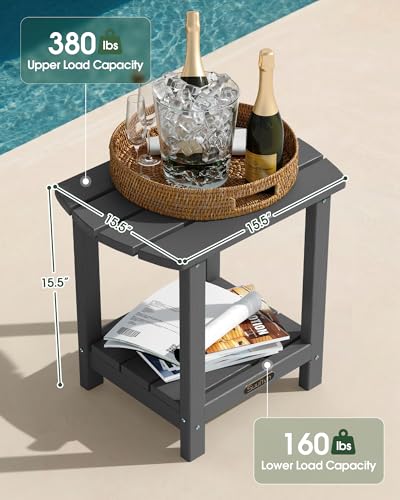 2-Tier HDPE Outdoor Side Table, Adirondack End Table, Grey