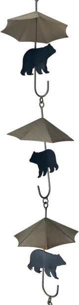 Rustic Black Bear & Umbrella Rain Chain - 75 inches Long Distressed Copper Finish, 10 Decorative 3D Designs, Weighted Bell for Wind Chime Sound