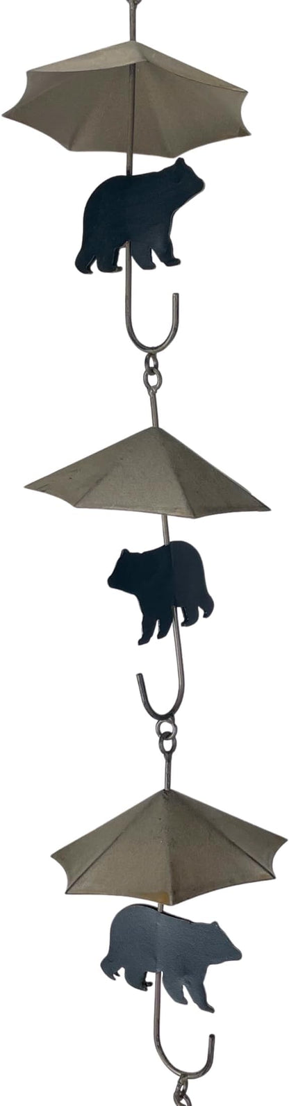 Rustic Black Bear & Umbrella Rain Chain - 75 inches Long Distressed Copper Finish, 10 Decorative 3D Designs, Weighted Bell for Wind Chime Sound