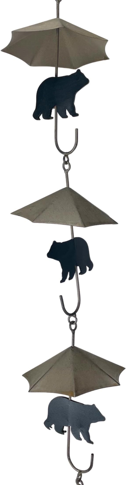Rustic Black Bear & Umbrella Rain Chain - 75 inches Long Distressed Copper Finish, 10 Decorative 3D Designs, Weighted Bell for Wind Chime Sound