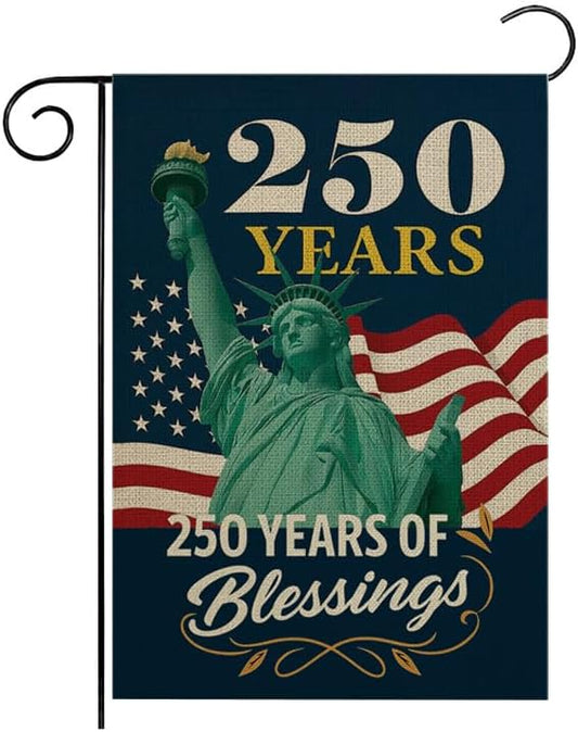 ZXvZYT 250 Years America Blessings Garden Flag,Statue of Liberty Design,USA 250th Anniversary Patriotic Design Flags Banner Double Sided Flax Outdoor Yard Decorative(12"x 18")