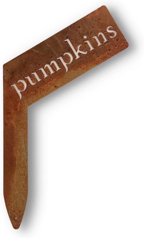 Planter Size Small Metal Garden Plant Vegetable Flower or Herb Markers 13.5 Inches Tall (pumpkin, Naturally Rusted)