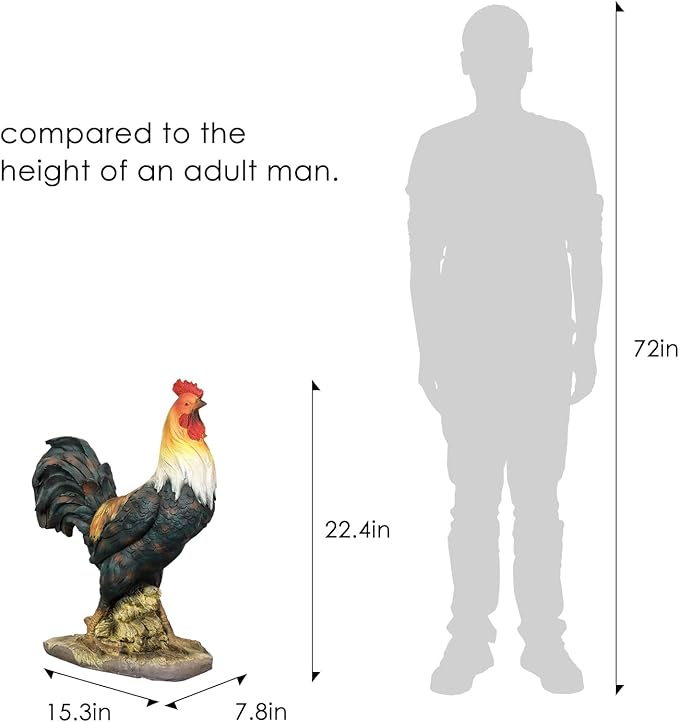 22.4" H Rooster Garden Statue – Garden Decor with Realistic Detail Chicken Sculpture, Standing Rooster Garden Ornament for Decor
