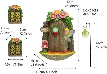 Fairy Door and Windows with Lantern Tree Stump Decor, Glow in The Dark Yard Art Sculpture Miniature Fairy Garden Accessories for Wall, Outdoor Decor