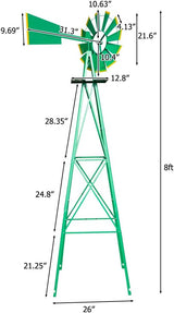 VINGLI 8FT Ornamental Windmill Backyard Garden Decoration Weather Vane, Heavy Duty Metal Wind Mill w/ 4 Legs Design (Green, 8, Feet, 21.6, Inches, 8.00, Feet, 25.98, Inches, 25.98, Inches)