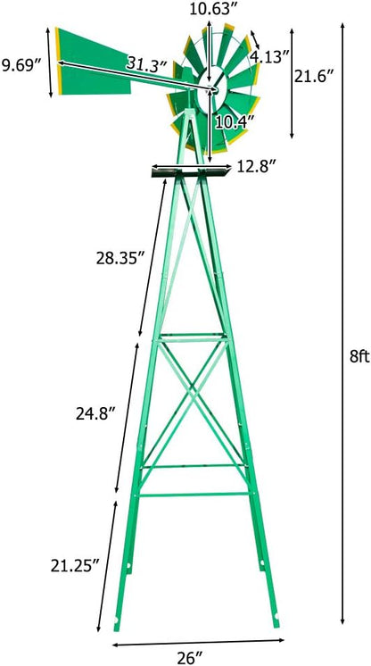 VINGLI Upgrade 8FT Ornamental Windmill Backyard Garden Decoration Weather Vane, Heavy Duty Metal Wind Mill w/ 4 Legs Design (Green)