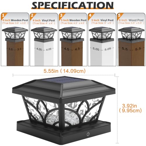 Solar Post Cap Lights - Flickering Flame, 4 Modes, 6 Pack (Black)