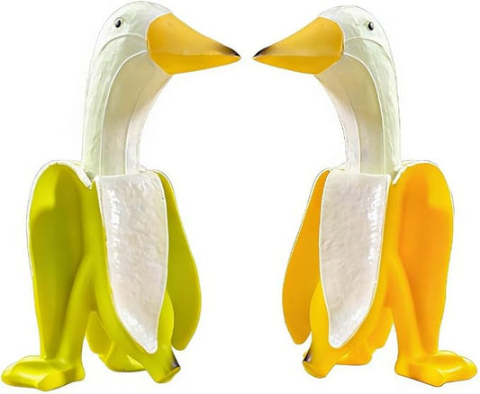 Resin Duck Figurines, Yellow and Green, 3 Inch Decorative Garden Statues, 2-Pack Whimsical Banana Duck Ornaments for Desk, Patio, Office