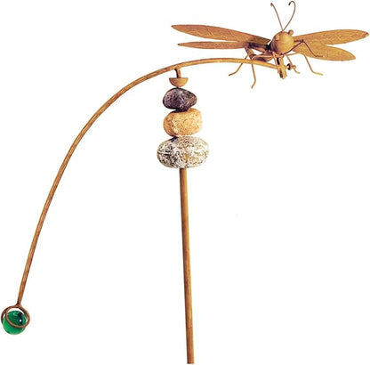 Red Carpet Studios Balancing Buddies Yard Art Garden Stake with Stone Accents, Large 48-Inches Tall, Natural Dragonfly