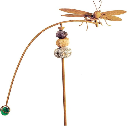 Red Carpet Studios Balancing Buddies Yard Art Garden Stake with Stone Accents, Large 48-Inches Tall, Natural Dragonfly