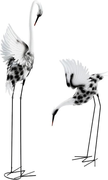 2-Piece Garden Crane Statues Set, New Chinese Style Metal Crane Decor with Dynamic Poses, 53.15in & 35.43in Tall Outdoor Lawn Ornaments for Patio Yard, Black White