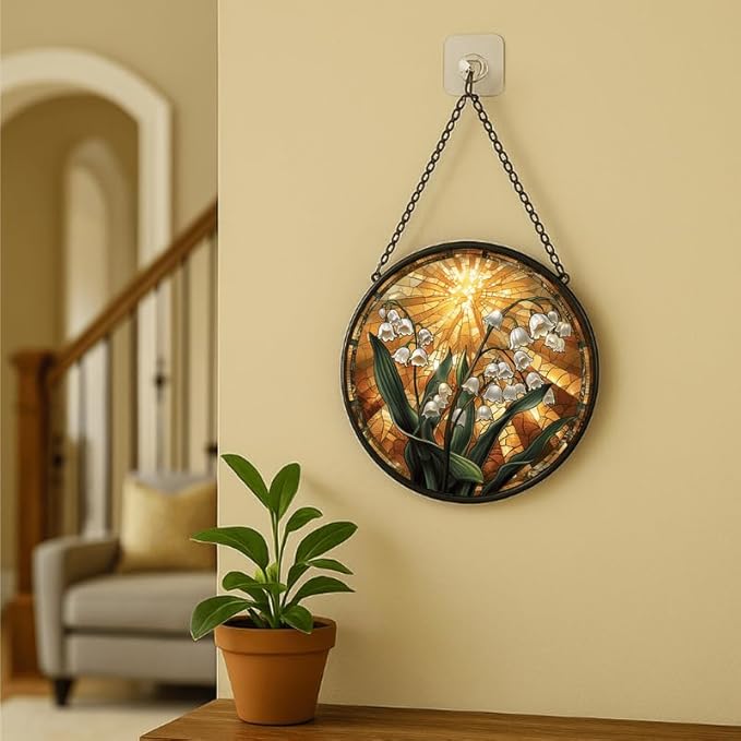 Stained Glass Window Hanging Lily of The Valley with Sunburst 9.8in Floral Sun Catcher, Vintage Rustic Home Decor