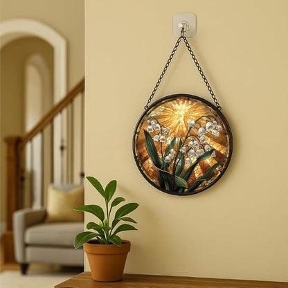 Stained Glass Window Hanging Lily of The Valley with Sunburst 11.8in Floral Sun Catcher, Vintage Rustic Home Decor