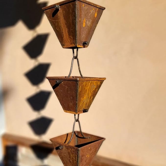 Nutshell Stores Medium Square Cups Rain Chain - Weathered Steel - 10 Feet