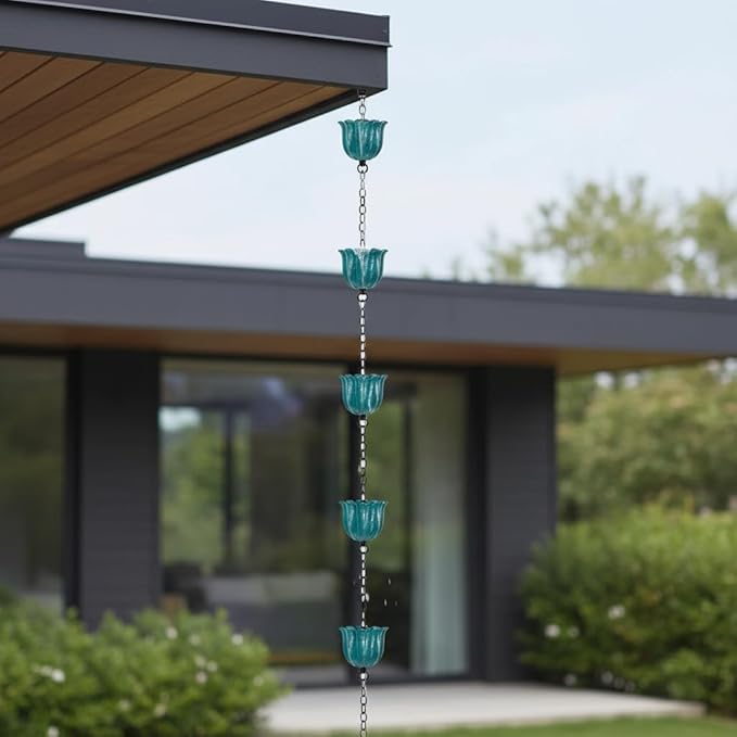 8ft Rain Chains for Gutters, Lotus Rain Chain with 10-Cup, Adjustable Rain Catcher Chain with Bell, Replacement Downspout for Gutters, Eaves, Drainage