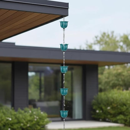 8ft Rain Chains for Gutters, Lotus Rain Chain with 10-Cup, Adjustable Rain Catcher Chain with Bell, Replacement Downspout for Gutters, Eaves, Drainage