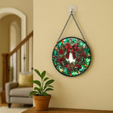 Stained Glass Window Hanging - 6.3in Christmas Wreath with Red Bow, Pine Cones, Berries Sun Catchers Panel for Indoor Decorative Display for Mom, Wife, Lovers, Festive